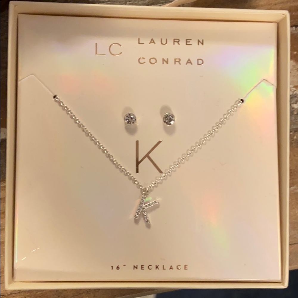 Silver K initial necklace with earrings